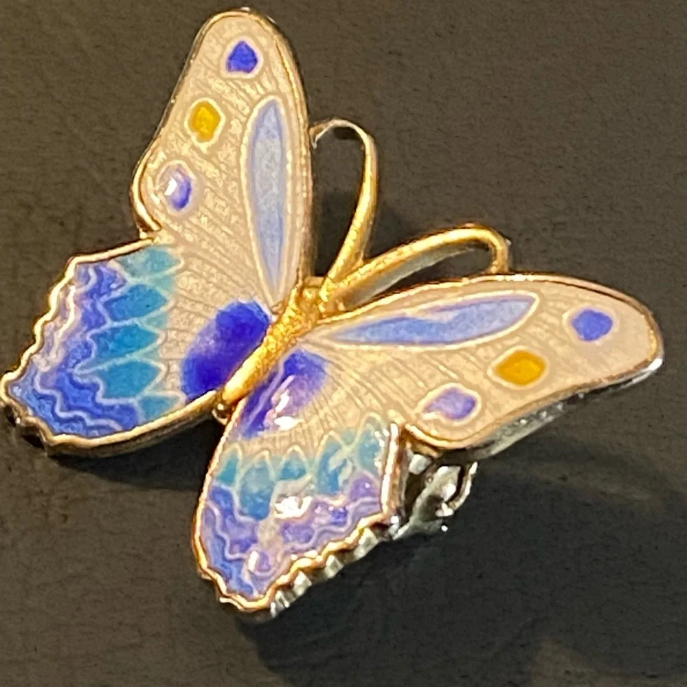 Vintage Set of 2 Butterfly Brooch Gold Metal & Enameled Mother-Of-Pearl